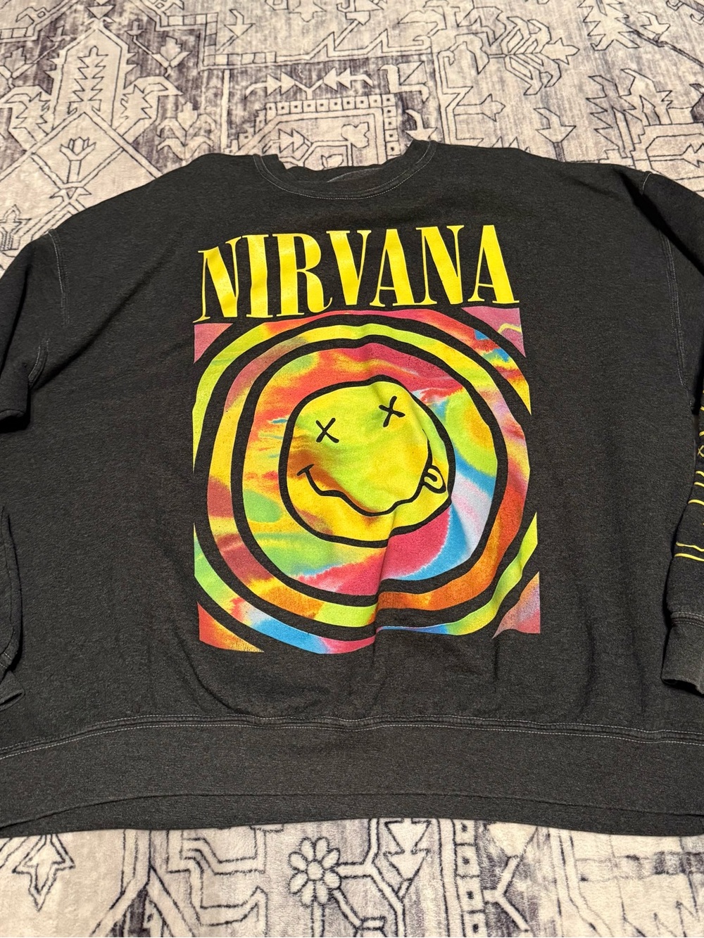 Nirvana Smiley Face Tie-Dye Swirl Crewneck Sweatshirt - Charcoal Gray (Size S/M)